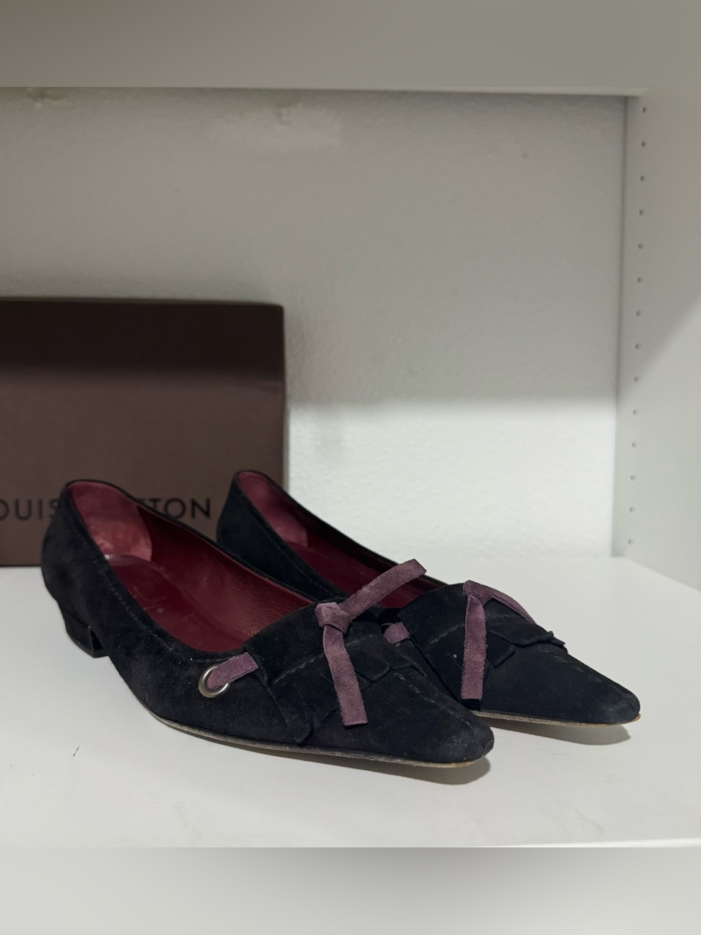 Prada Black Suede Pointed Loafers with Plum Accents - Women
